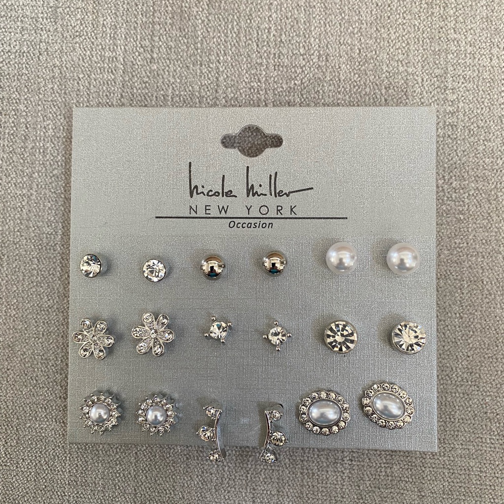 Nwt Nicole Miller New York 9-Pair Occasion Earring Set Silver Rhinestone 15$